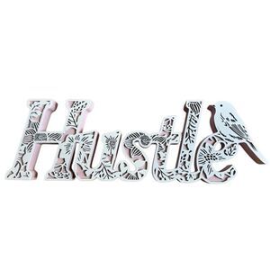 Hustle Pink & White Floral Engraved Wood Home Room Decor